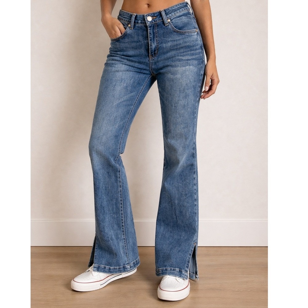 Judy Blue High Rise Side Slit Flare Jeans Women 5/27 Blue Denim Stretch